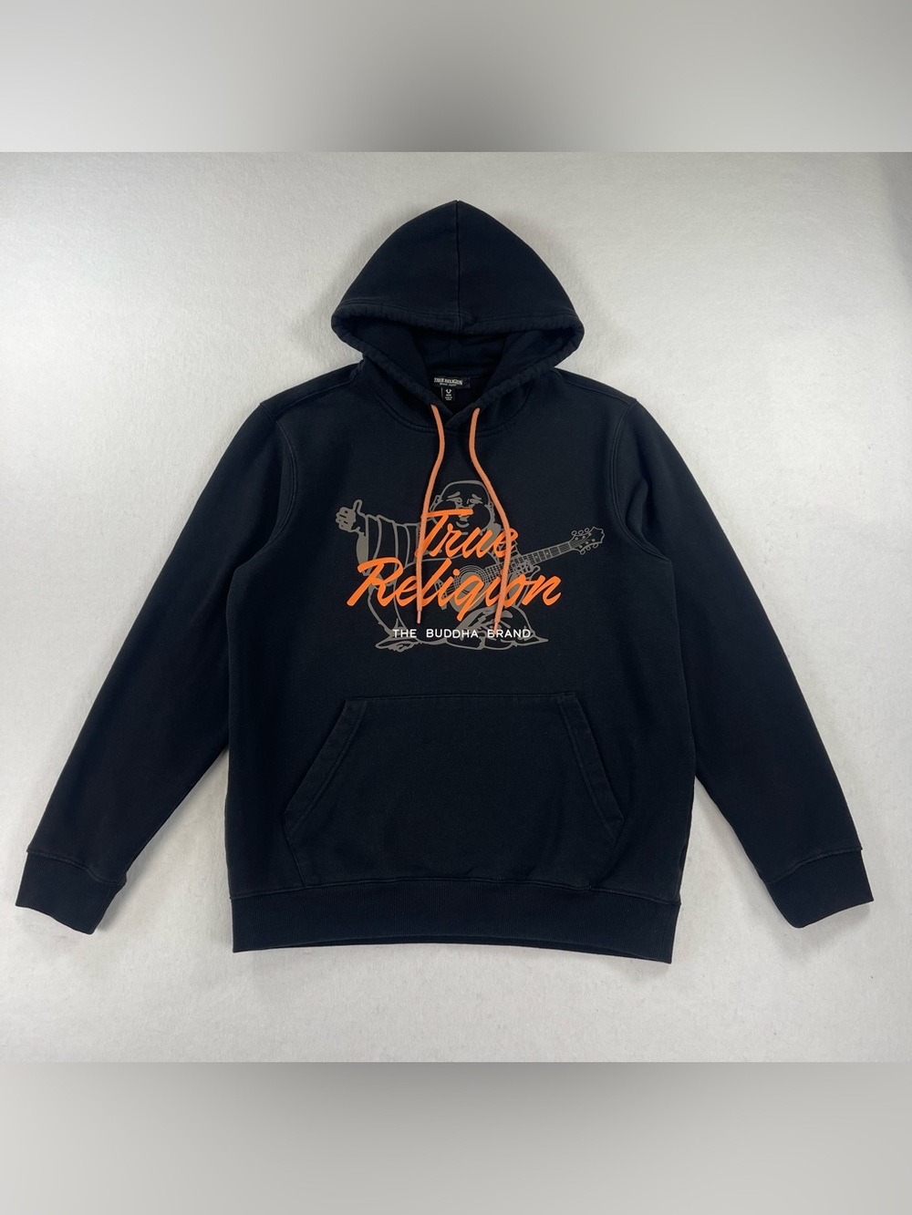 True Religion Hoodie Mens M Black Pullover Fleece Buddha Graphic Y2K Style